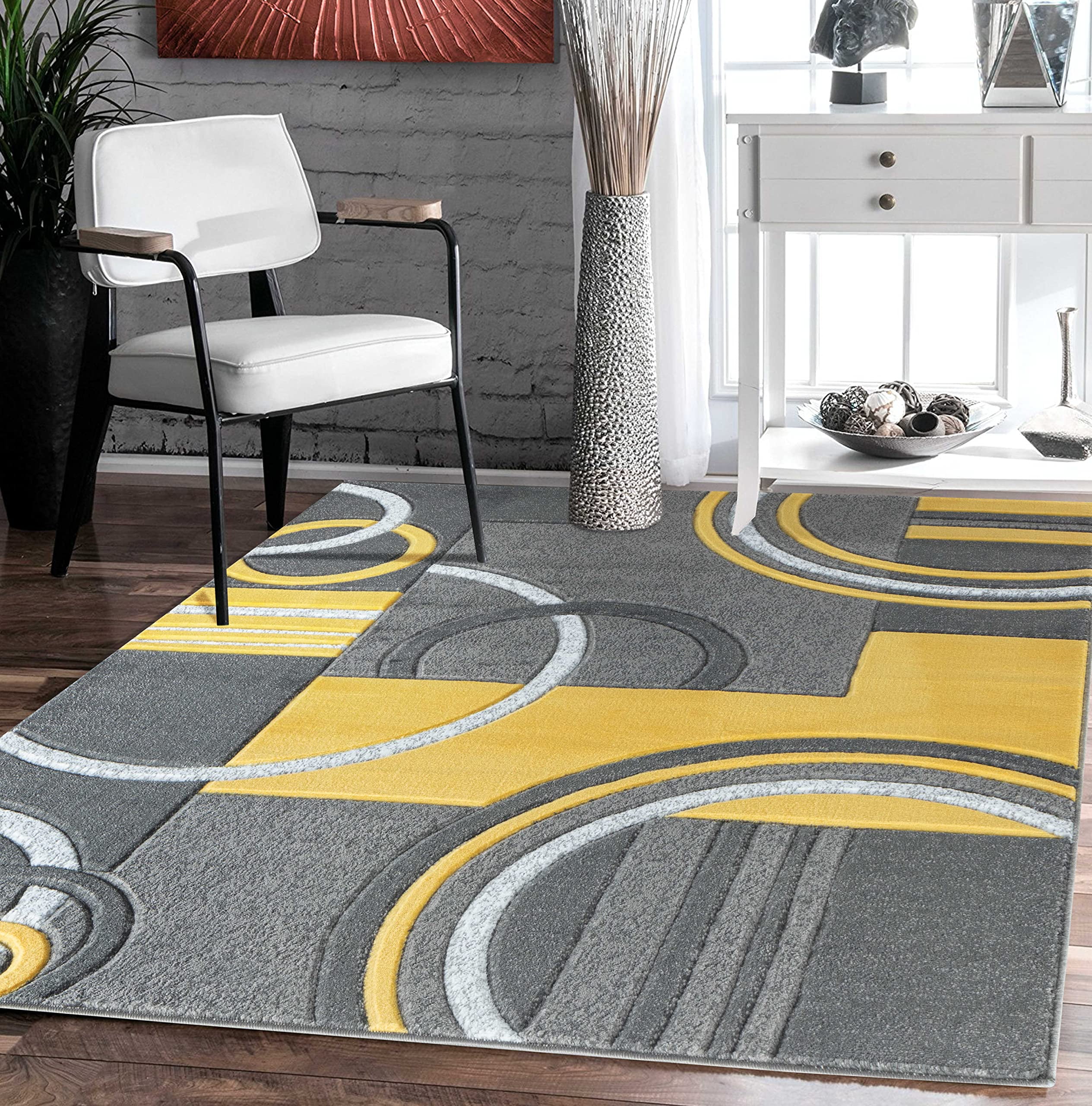 Yellow and Gray Geometric 5' x 7' Synthetic Area Rug