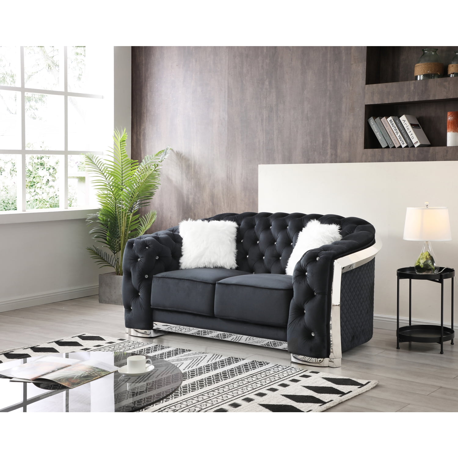 Lexi Chrome-Legged Black Velvet Tufted Loveseat with Faux Fur Pillows