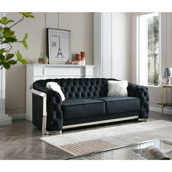 Glory Sapphire Black Velvet Sofa With LED Accent Lighting