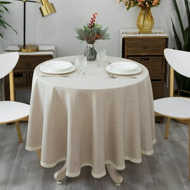 Glory Season Textured Tablecloth Linen Rustic Burlap Lace Trim Fabric for Kitchen Dinning Tabletop Decoration70 in Round Beige