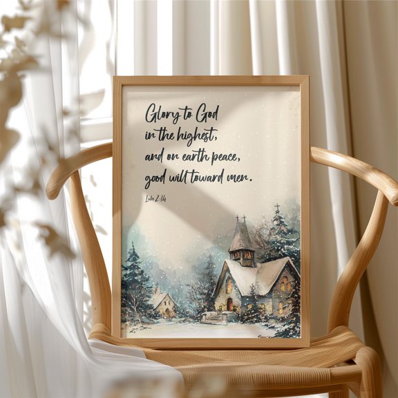 Glory To God Christmas Poster Chapel In Snowy Forest Scene , Poster Print Only