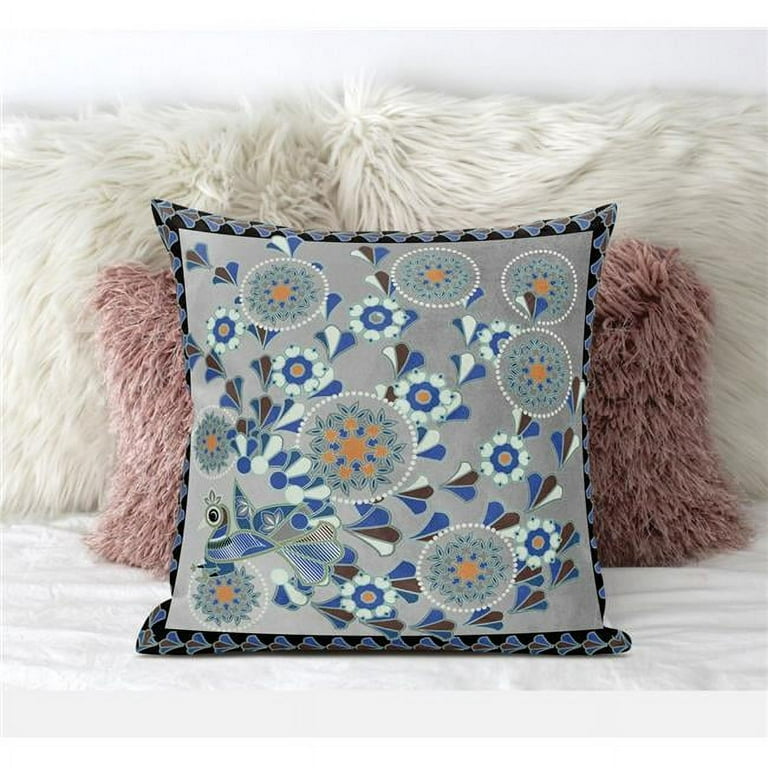 Glory of Flowers Peacock Indoor Outdoor Pillow in Gray Orange Black 16x16