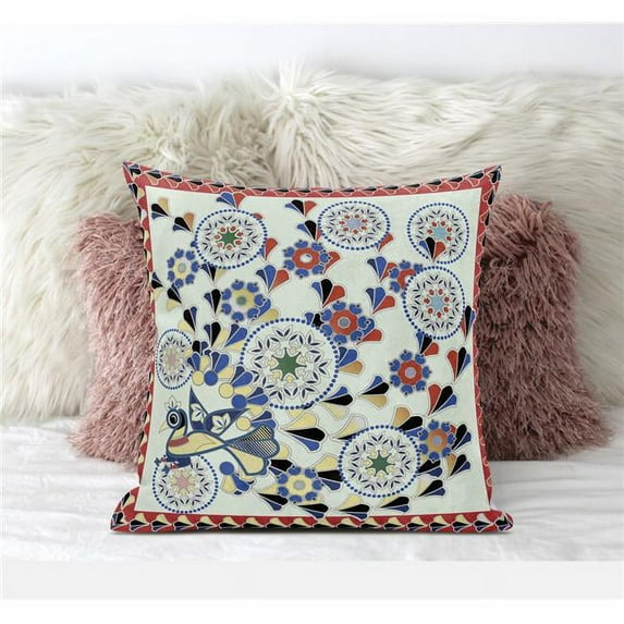 Glory of Flowers Peacock Indoor/Outdoor Pillow in Light Green Blue Red 26x26