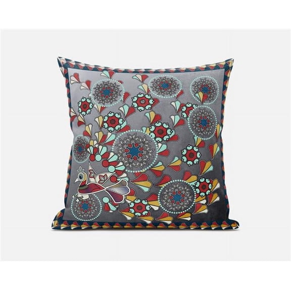 Glory of Flowers Peacock Indoor/Outdoor Pillow with Removable Cover in Gray Red Blue Yellow16x16