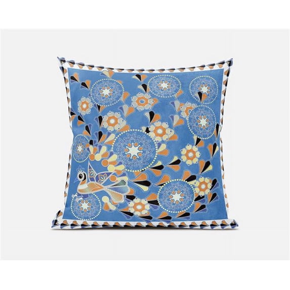 Glory of Flowers Peacock Indoor/Outdoor Pillow with Removable Cover in Light Blue Pale Orange26x26
