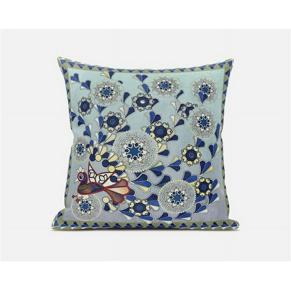 Glory of Flowers Peacock Indoor/Outdoor Pillow with Removable Cover in Light Green Aqua Brown20x20
