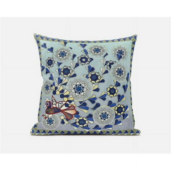Glory of Flowers Peacock Indoor/Outdoor Pillow with Removable Cover in Light Green Aqua Brown20x20