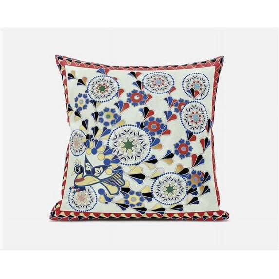 Glory of Flowers Peacock Indoor/Outdoor Pillow with Removable Cover in Light Green Blue Red26x26