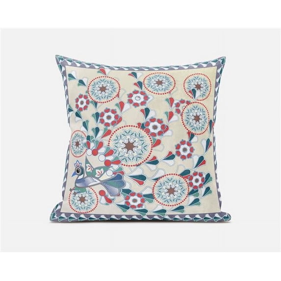 Glory of Flowers Peacock Indoor/Outdoor Pillow with Removable Cover in Off-White Red Green18x18