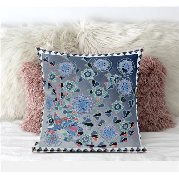 Glory of Flowers Peacock Throw Pillow with Removable Cover in Blue Light Green White 18x18