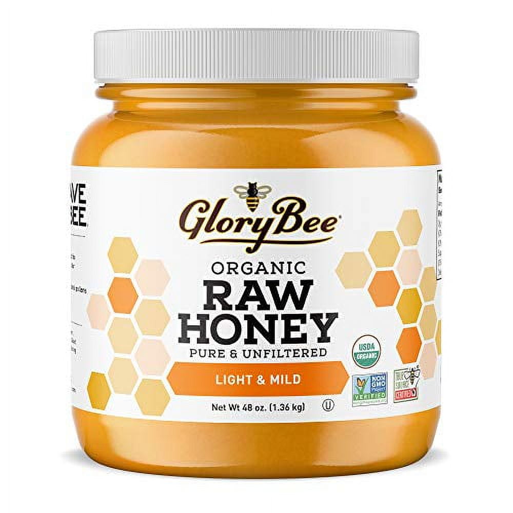 GloryBee, Raw Organic Light & Mild Honey, 48 oz, 100% US Grade A, Non-GMO, USDA Organic, Portion of sales is donated to SAVE-the-BEE, Made-in-U.S.A, Family-Owned, Sweeten Dishes & Beverages