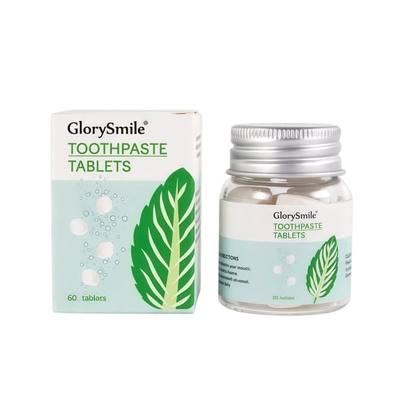 GlorySmile Toothpaste Tablets - Dual-purpose for brushing and rinsing teeth. 60 tablets, travel-sized. Mint flavor.