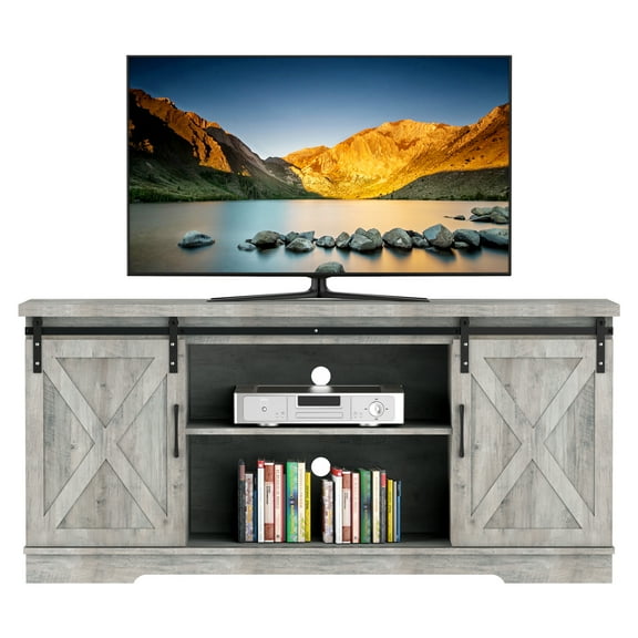 GlorySunshine Modern TV Stand for TVs up to65" withSliding Barn Door and Open Storage Shelves & Cabinets, Gray
