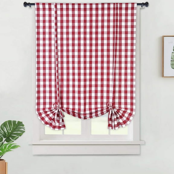 GlorySunshine Plaid Tie Up Shades for Windows, Buffalo Check Gingham Pattern Adjustable Tie Up Curtains, Farmhouse Rod Pocket Window Treatment Kitchen Cafe Curtains, 42" x 63",Red