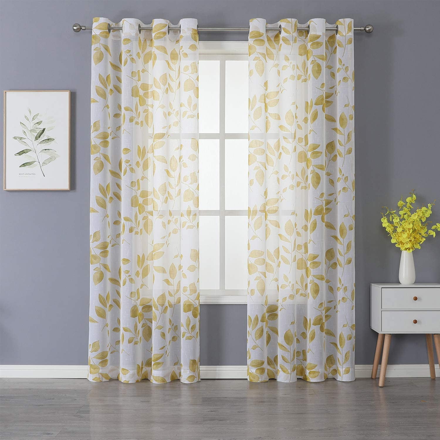 RHAFAYRE Set of 2 Shiny Yellow Voile Sheer Curtains in Linen