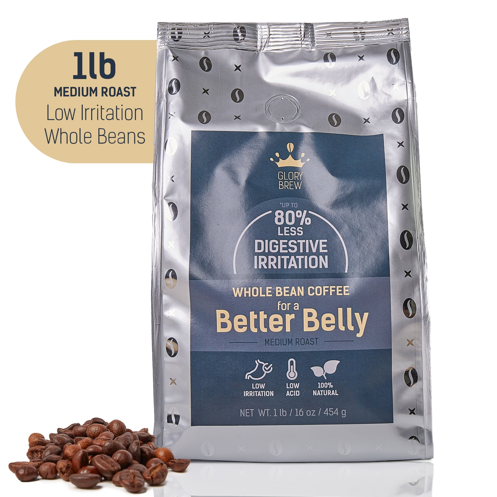Glorybrew Low Acid Whole Beans Medium Roast 1 lb (16 oz) stomach friendly coffee for a happy