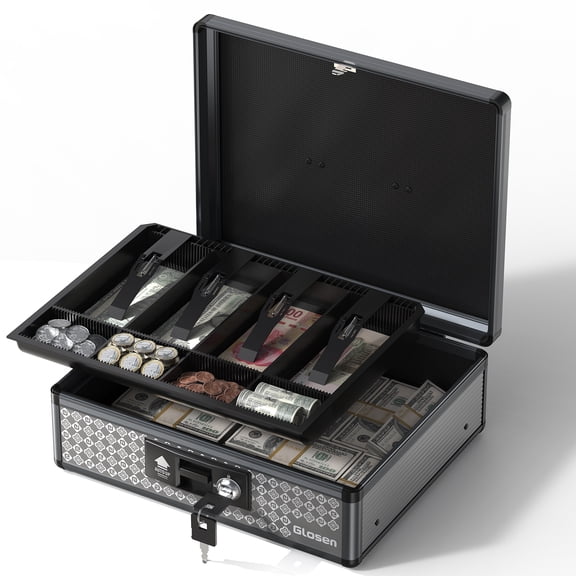 Glosen Glosen Safe, Extra-Large Cash Box with Key Lock, Removable Coin Tray, 13.5*11.4*5.3inch Black Money Box