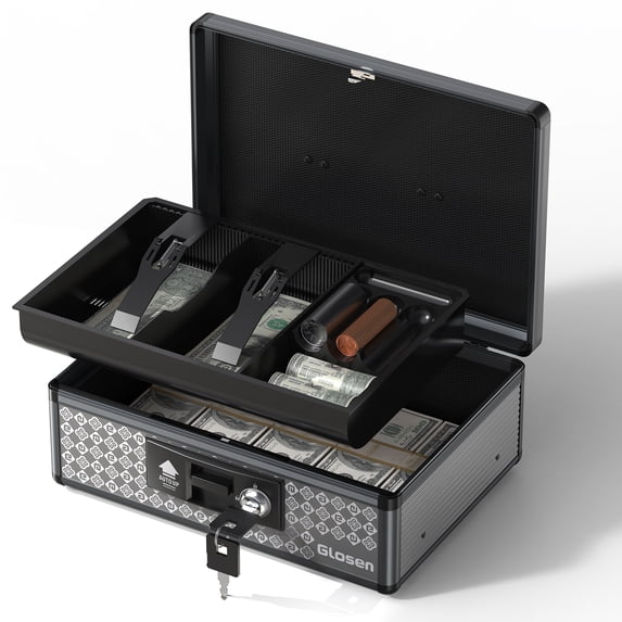 Glosen, Large Key Lock Cash Box, 11.8x8.95x3 Inch, Black - Walmart.com