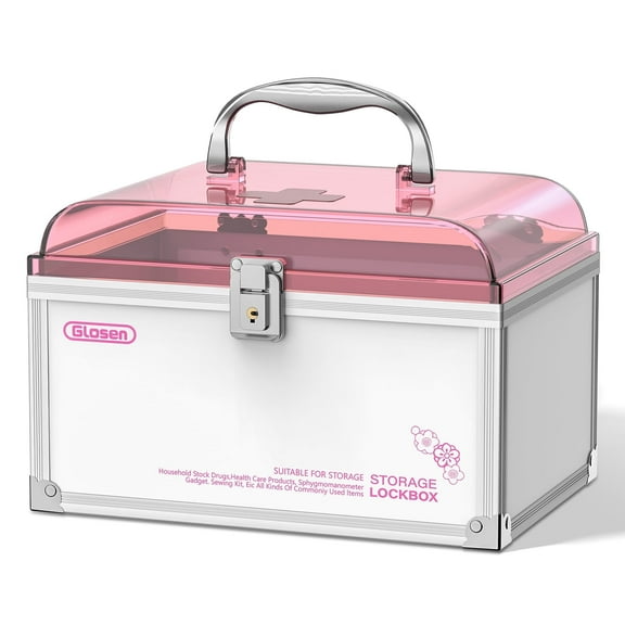 Glosen Medicine Lock Box with Key,Pink,8.46 * 5.87 * 5.51 Inch,Locked Medicine Box with Child Safe Lock