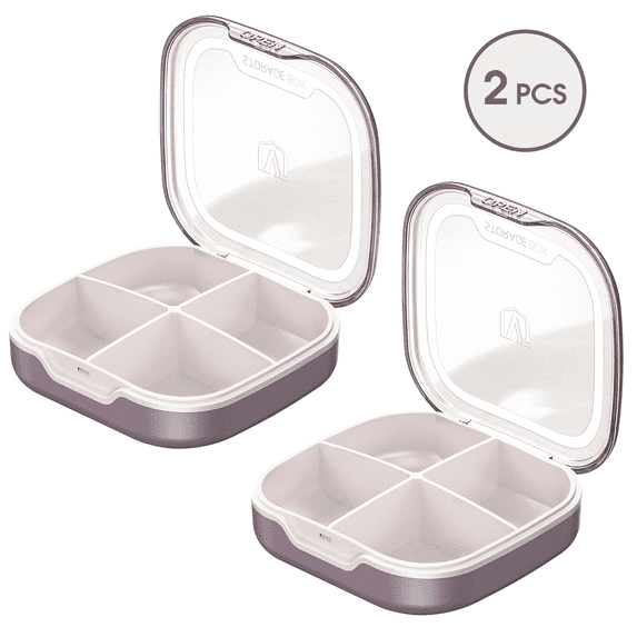 Glosen Round Portable Pill Box with 4 Compartments, Small Transparent Medication Organizer, 2pcs