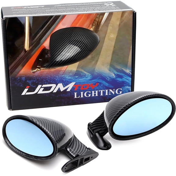 Gloss Black Carbon Fiber Pattern Blue Tinted Glass California Retro Rally Motorsport Style Universal Oval Rear View Side Mirrors For Sports or Street Cars
