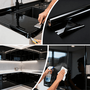 Gloss Black PVC Vinyl Wrap Roll 1x5 2x5 4.8x5 FT - Waterproof Oil Resistant Easy Clean Adhesive Film for Furniture, Appliance, DIY Projects