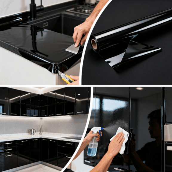 Gloss Black PVC Vinyl Wrap Roll 1x5 2x5 4.8x5 FT - Waterproof Oil Resistant Easy Clean Adhesive Film for Furniture, Appliance, DIY Projects