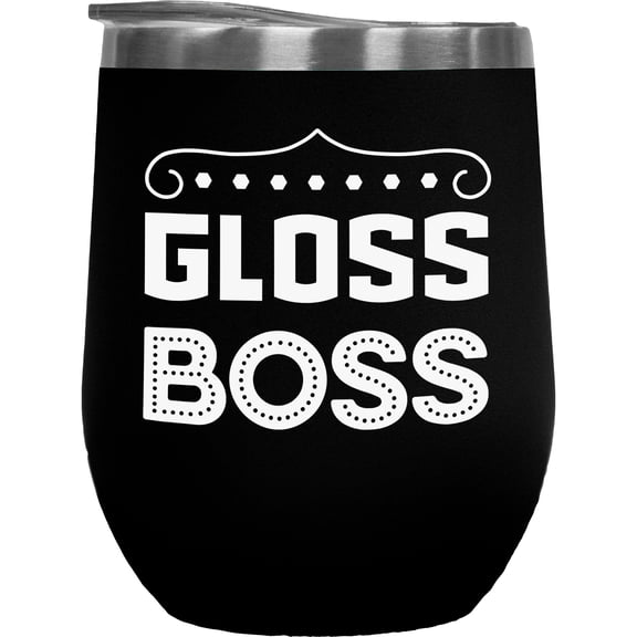 Gloss Boss, Title for Lip Gloss Lover, Beauty Themed Merch Gift for Makeup Artist or Lovers, Cosmetologists & Beauticians, Black 12oz Insulated Wine Tumbler