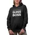 thumbnail image 1 of Gloss Boss, Title for Lip Gloss Lover, Beauty Themed Merch Gift for Makeup Artist or Lovers, Cosmetologists & Beauticians, Black Hooded Sweatshirt or Hoodie, Medium, 1 of 5