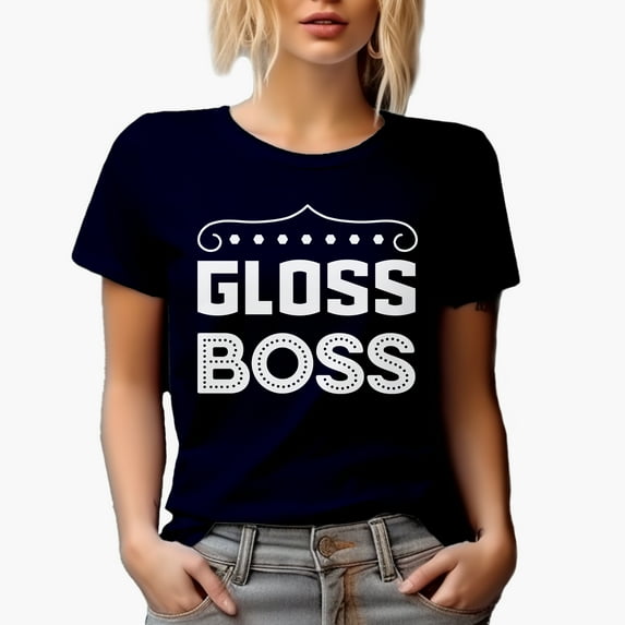 Gloss Boss, Title for Lip Gloss Lover, Beauty Themed Merch Gift for Makeup Artist or Lovers, Cosmetologists & Beauticians, Navy Blue T-Shirt, Medium