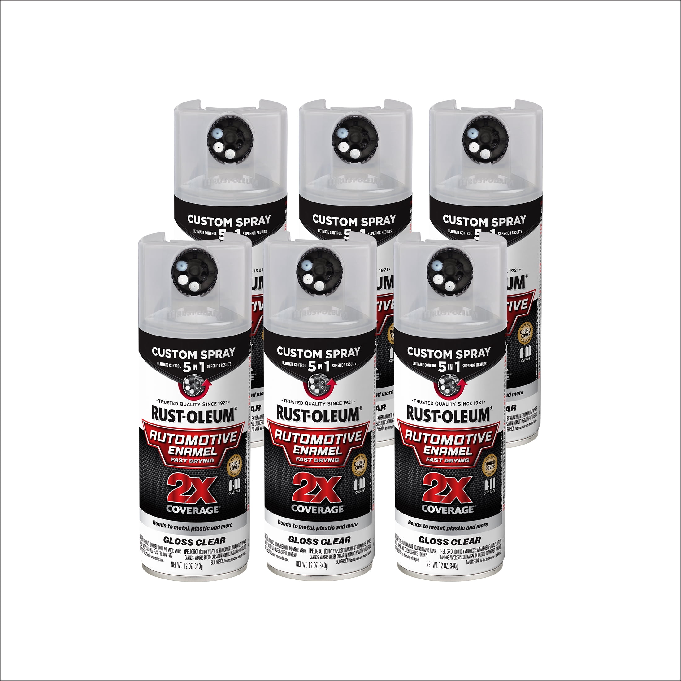 6 Pack, Gloss Clear, Rust-Oleum 2X Automotive Enamel 5 in 1 Spray Paint-394895, 12 oz