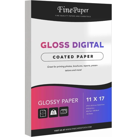 Gloss Digital Paper C2S  Perfect for Color Laser Printing, Design Proposals, Flyers, Brochures | 11 x 17 | Glossy 80lb Text Paper (32lb Bond) | 94 Bright | Acid Free, Coated Finish | 100 Sheets