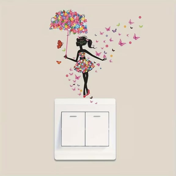 Gloss-Like Matte Plastic Fairy & Butterfly Umbrella Wall Decal - Irregular H-Shaped Design for Switch Plates, Cabinets, Doors, and Windows