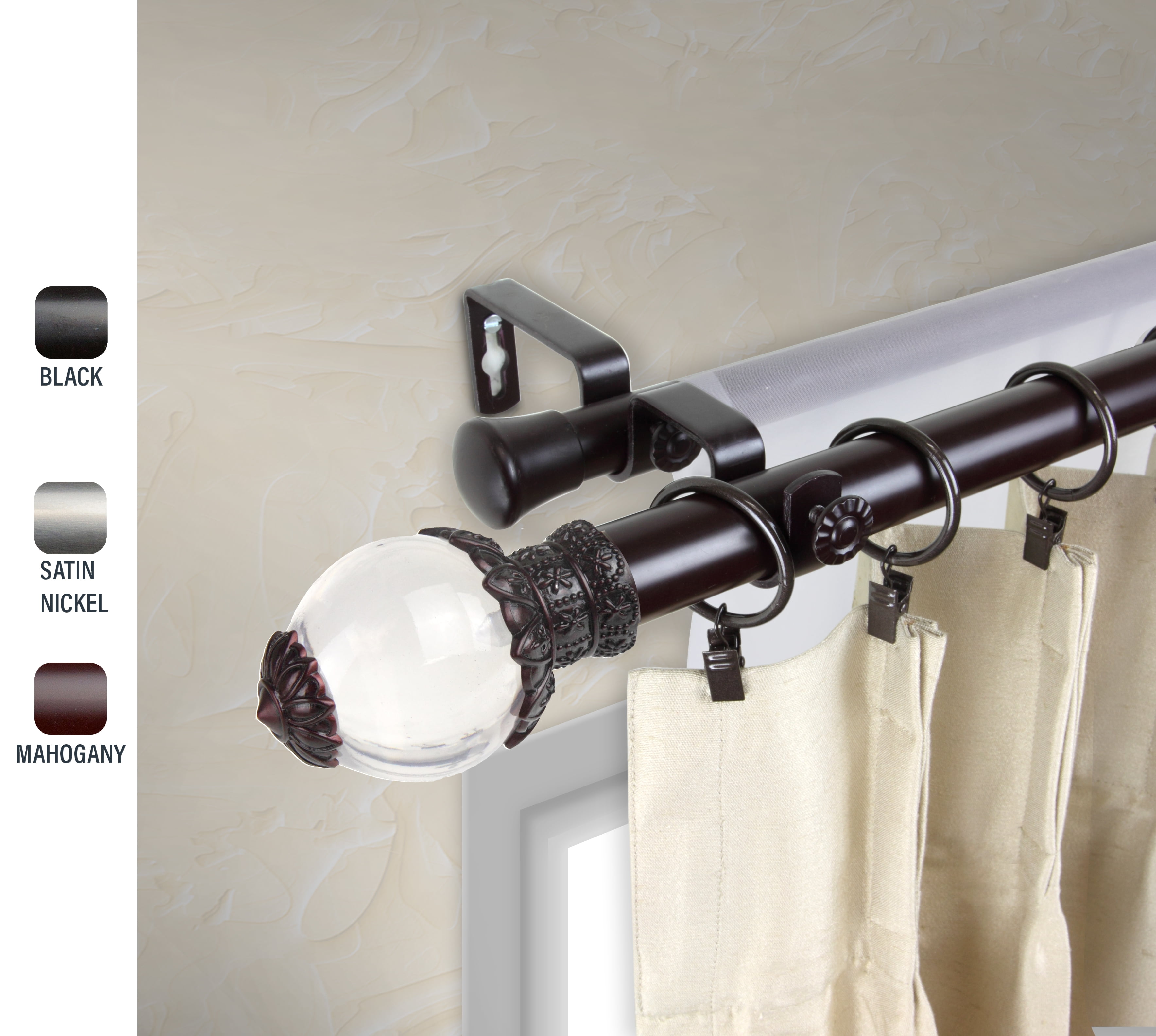 Glossy 1" dia. Double Curtain Rod 160-240 inches - Mahogany