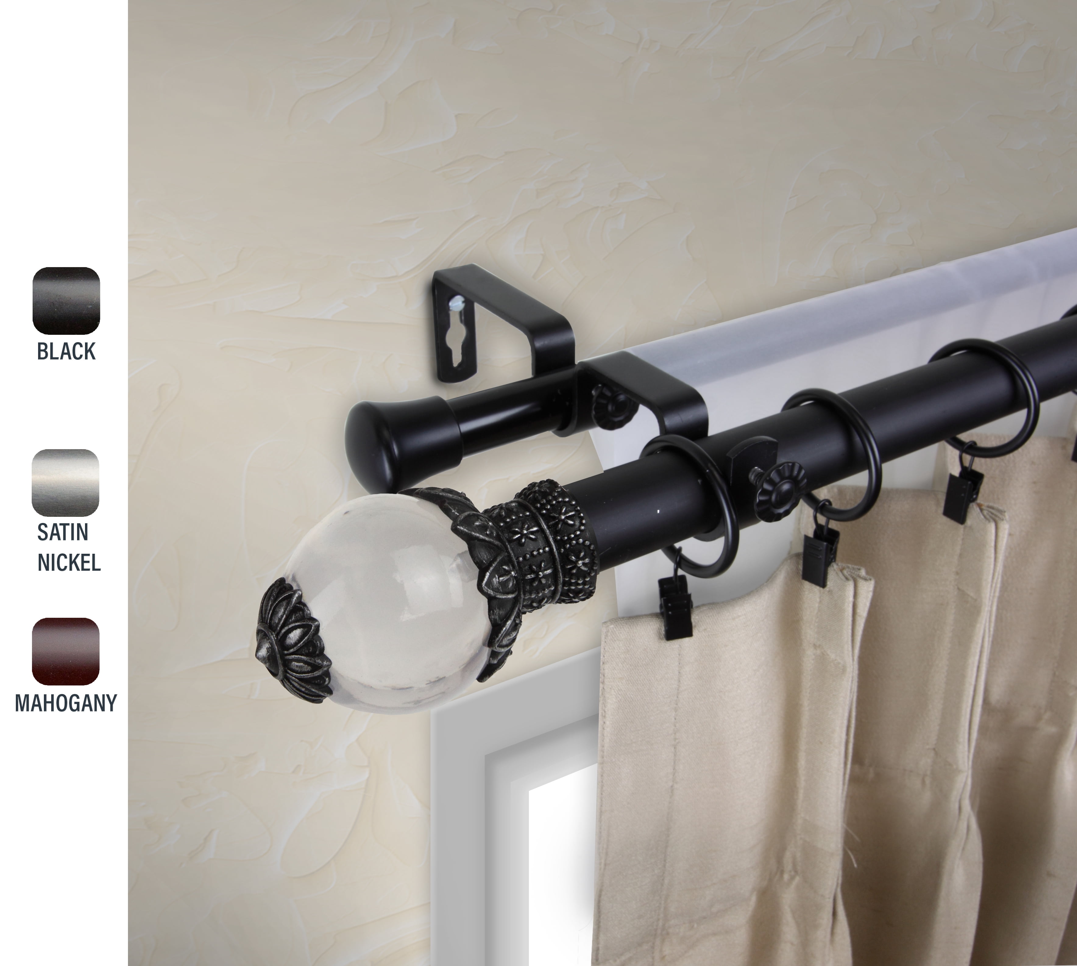 Glossy 1" dia. Double Curtain Rod 28-48 inches - Black