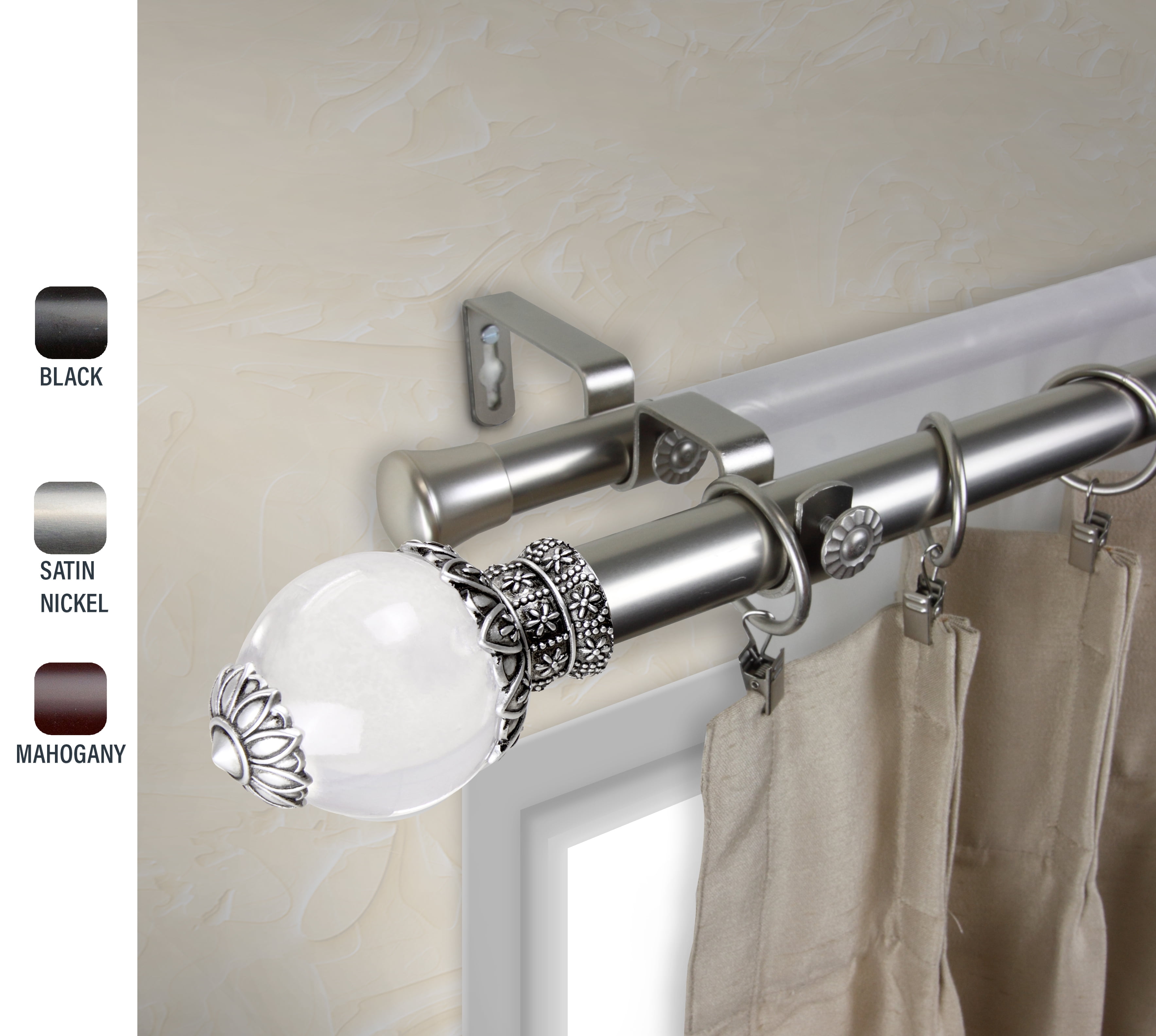 Glossy 1" dia. Double Curtain Rod 48-84 inches - Satin Nickel
