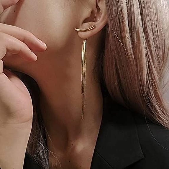 Glossy Arc Bar Long Tassel Drop Earrings for Women Geometric Statement Earrings,Gold Color