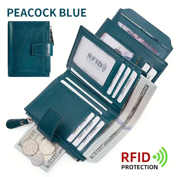 Glossy Bifold Wallet for Men Large Capacity Genuine Bifold Leather Men Wallets RFID Blocking,With amazing storage capacity,Can be Window pulled Up Wallet,Oil Waxed Wallet (Brown)