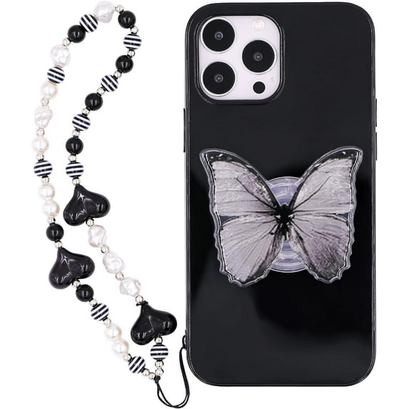 Glossy Black Butterfly Phone Case Compatible with iPhone 12, Korea Cute 3D Black Dream Butterfly Phone Cover with Butterfly Hold Stand Black White Heart Bead Chain for Women Girls