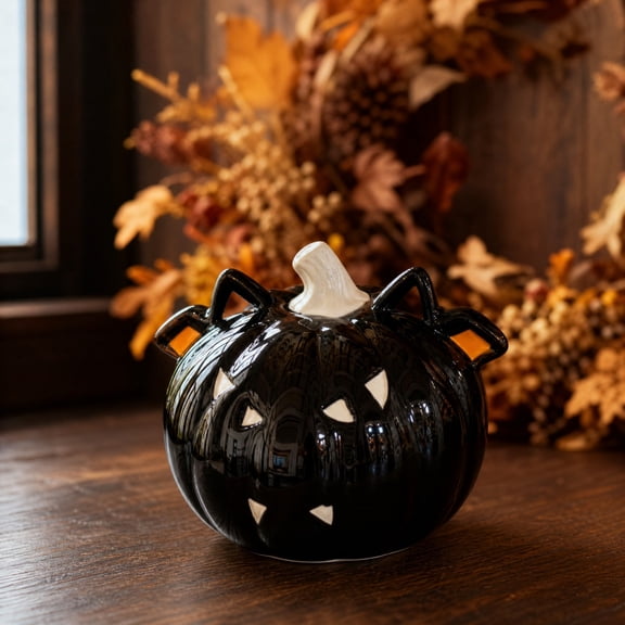 Glossy Black Ceramic Pumpkin Jar, Halloween Storage Canister With Ears Lid For Candy Trinket Table Decor