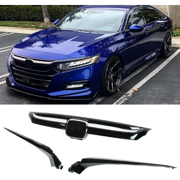 Glossy Black Chrome Garnish Trim Sport Style Front Upper Grille Grill Compatible with 10th Gen 2018-2020 Honda Accord LX EX EX-T Touring Sport Models