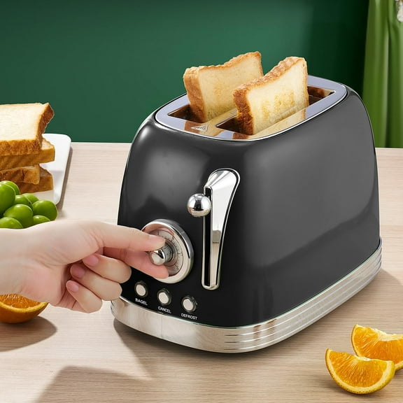 Glossy Black Cute Retro Toaster 2 Slice with 1.58" Wide Slots, Bread Toaster with Cover and Warm Rack, Stainless Steel Toaster with Removable Crumb Tray, Preheat, Defrost, Cancel Function