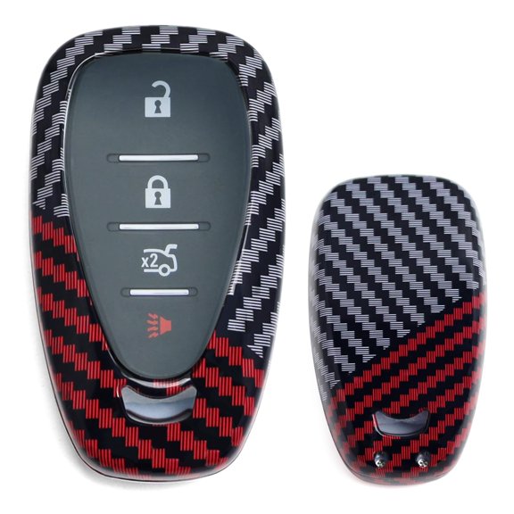 Glossy Black/Red Mix Color Carbon Fiber Finish Hard Plastic Key Fob Case For Chevy 2016-up Camaro Cruze Spark Volt, 2017-up Malibu Bolt Sonic Trax, etc