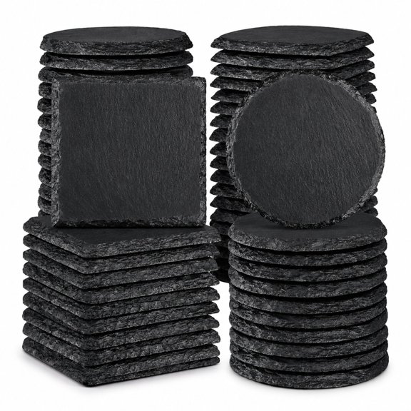 Glossy Black Slate Coasters for Laser Engraving, 60 Piece Set (30 Square, 30 Round), 4 Inch Natural Stone Blanks with Felt Padding
