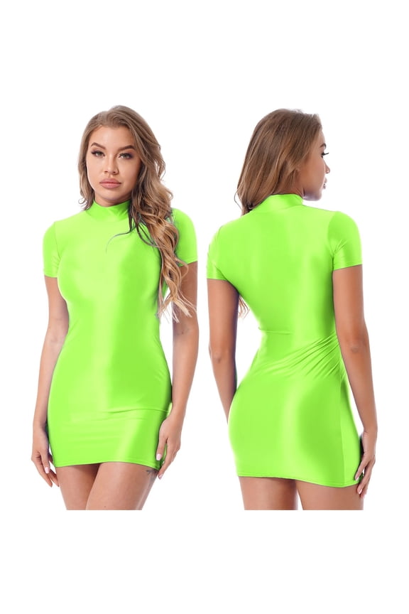 Glossy Bodycon Dress Clubwear Womens Short Sleeve Oil Shiny Mini Dresses Pole Dancing Stage Clothes