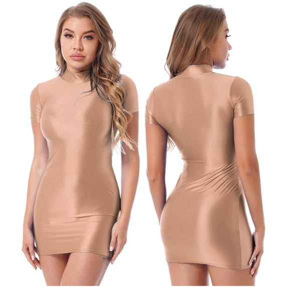 Glossy Bodycon Dress Clubwear Womens Short Sleeve Oil Shiny Mini Dresses Pole Dancing Stage Clothes