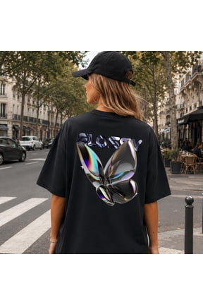 Glossy Butterfly T-Shirt, Y2K Aesthetic Streetwear Tee, Cyber Graphic Oversized Shirt, Trippy Chrome Butterfly Tee, Vintage Birthday Gift