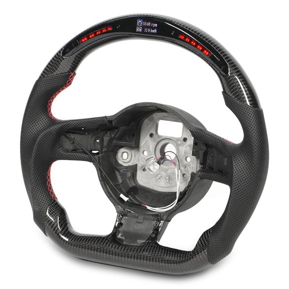 Glossy Carbon Fiber LED Display Shift Lights Steering Wheel Perforated Leather with Red Stitching Flat Bottom D Racing Design Compatible with R8 42 2007-2015 TT TTS TTRS 8J 2006-2014