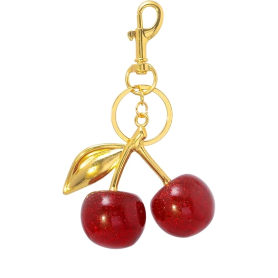 Glossy Cherry Snap Hook Keychain Key Ring, Gold, Red