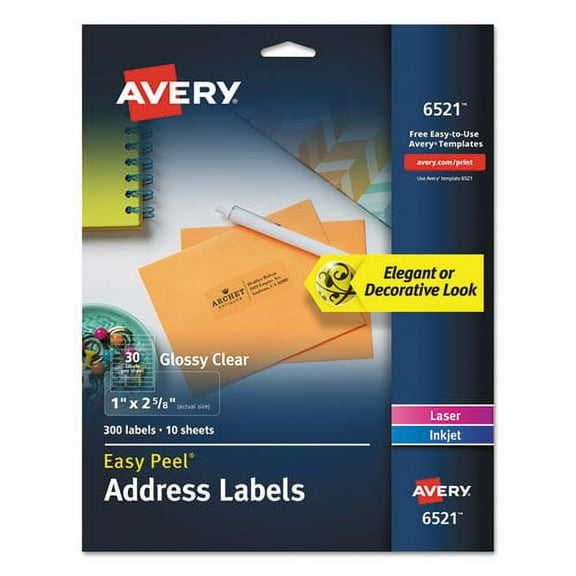 "Glossy Clear Easy Peel Mailing Labels W/ Sure Feed Technology, Inkjet/laser Printers, 1 X 2.63, 30/sheet, 10 Sheets/pack | Bundle of 2 Packs"